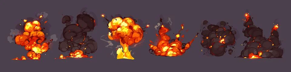 Bomb explosions, blasts with fire and smoke clouds Stock Illustration