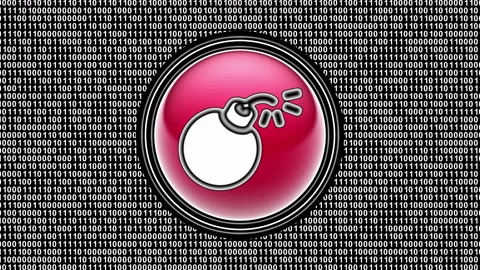 Bomb icon. Binary code ( array of bits ) in the screen. Looping footage. Stock Footage 123825188