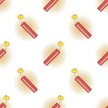Bomb Icon Seamless Pattern on Orange Halftone Background. Detonate Dynamite Stock Illustration