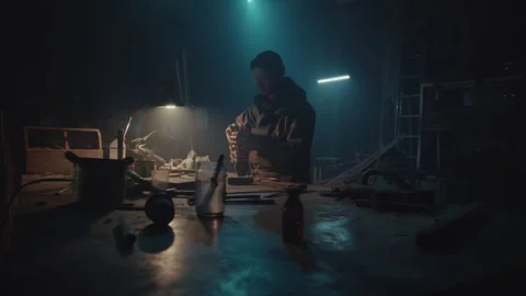 Bomb maker with glasses on preparing the table for bomb creation Stock Footage 256023998