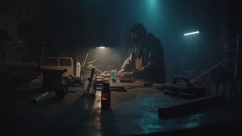 Bomb maker with mask on preparing the table for bomb creation Stock Footage 256024818
