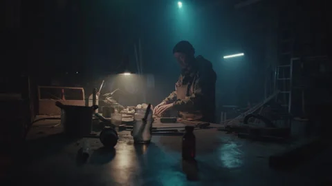 Bomb maker preparing the table and tools for bomb creation 스톡 동영상 256025980