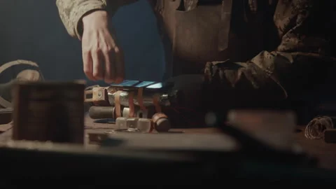 Bomb maker taping a phone to an explosive Stock Footage 256014257