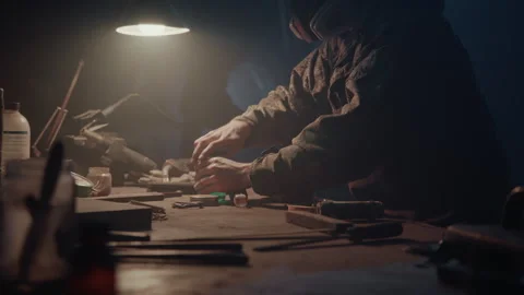 Bomb maker using some tools on the table Vídeo Stock 256019234