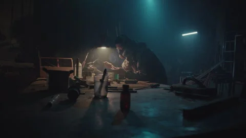 A Bomb Maker in the Warehouse making a bomb Vídeo Stock 256038290