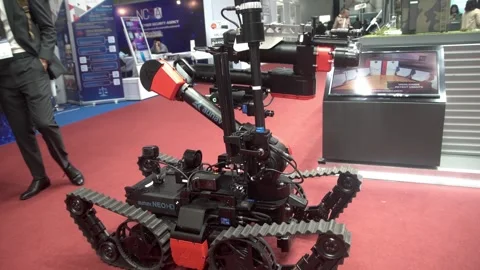 Bomb-neutralizing robot showcased Stock Footage 258407053