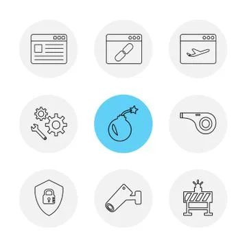 Bomb, sheild , camera , whistle , windows , ui , layout , web , user interfac 스톡 일러스트
