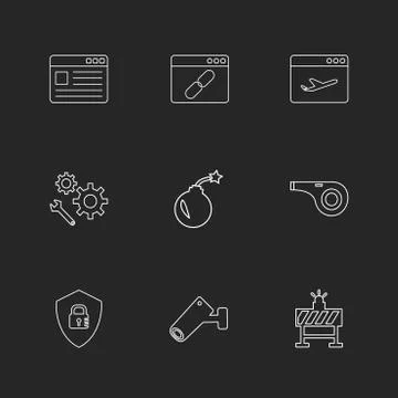 Bomb, sheild , camera , whistle , windows , ui , layout , web , user interfac Illustrazione stock