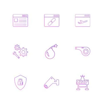 Bomb, sheild , camera , whistle , windows , ui , layout , web , user interfac Illustrazione stock