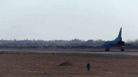 Bomber performs a takeoff in afterburner Stock Footage 85860398