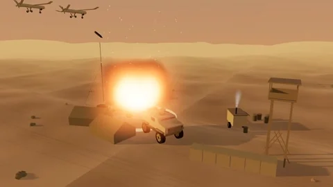 Bombs burst across forward camp at golden hour filmed from above Stock-Footage 342333123