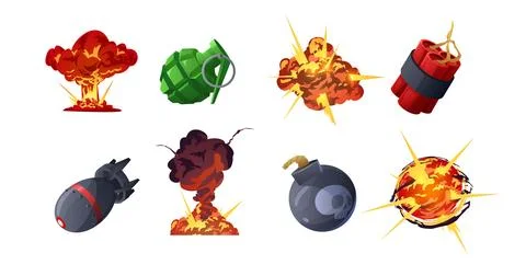 Bombs, dynamite and fire explosions game set vector illustration isolated. Stock Illustration