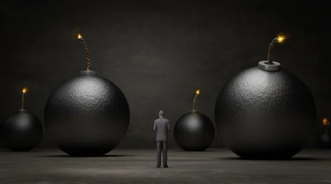 The bombs fall in front of  businessman. concept. Stock Footage 68156625