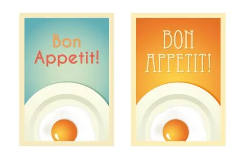 Bon Appetit Kitchen Poster Set with Scrambled Eggs on Plate. Vector Illustr.. Stock Illustration