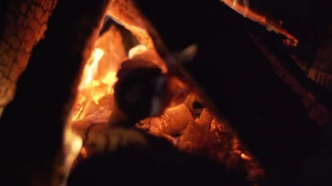 Bon Fire, logs burning, fire at night Stock Footage 88791340