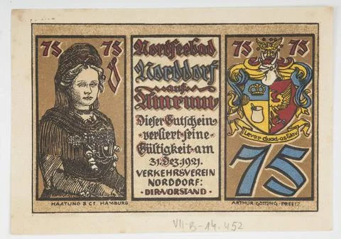 Bon na 75 pfennig, niemcy; Verkehrsverein, Norddorf on Amrum, B.R. (1922) ... Stock Photos