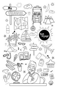 Bon voyage. Doodle set of vector linear travel doodles. Travel concept on a Stock Illustration