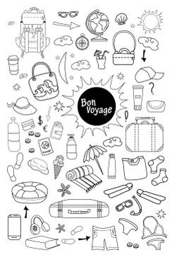 Bon voyage. Doodle set of vector linear travel pictures. Travel concept on a Stock Illustration