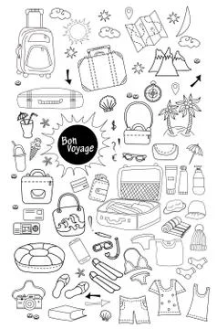 Bon voyage. Doodle set of vector linear drawings of things for travel and Stock Illustration