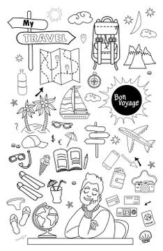 Bon voyage. Doodle set of vector linear travel doodles. Travel concept on a Stock Illustration