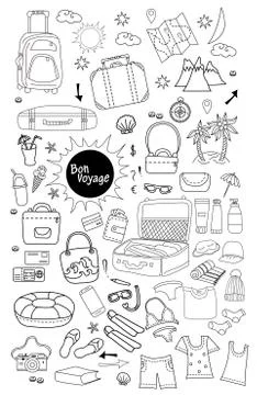 Bon voyage. Doodle set of vector linear drawings of things for travel and Stock Illustration