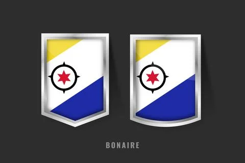 Bonaire Flag Badges Set: 3D Glossy Silver Metallic Shield Icons with Compas.. Stock Illustration