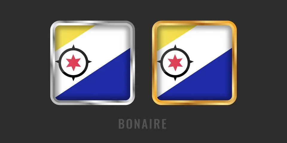 Bonaire Flag Square 3D Button Set in Gold and Silver Metallic Frames Stock Illustration