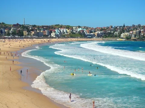 Bondi Beach or Bondi Bay at sunny day in Sydney Stock Footage 80581032