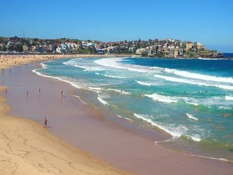 Bondi Beach or Bondi Bay at sunny day in Sydney Stock Footage 80581083