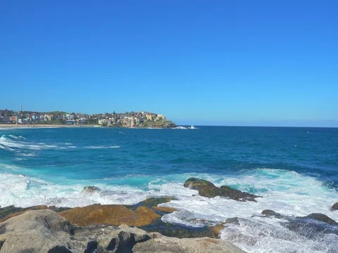 Bondi Beach or Bondi Bay at sunny day in Sydney, people relax at Bondi beach Stock Footage 80581248