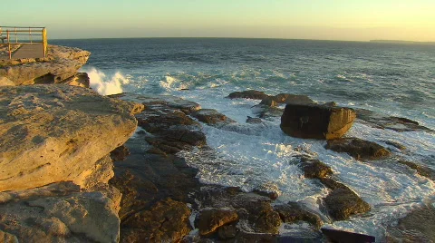 Bondi Beach Sunset Waves Crashing On Rocks Stock Footage