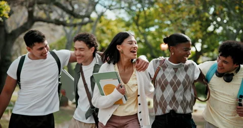 Bonding, friends or college student outdoor with walk, group hug or connection Stock Footage 346142980