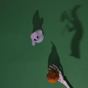 A bone hand holding a pumpkin with the shadow of a bat. Stock Photos