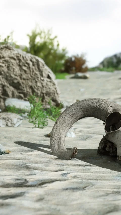 Bone object lays on sandy ground near rocks in outdoor setting Stock Footage 340880242