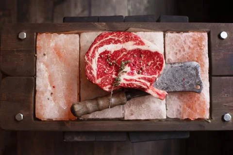Bone In Rib Eye row Steak on pieces of salt Stock-Fotos