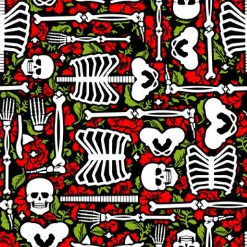 Bones and flowers pattern seamless. Skeleton Skull and roses background. Deat Stock Illustration