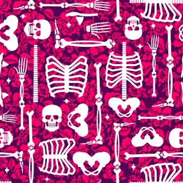 Bones and flowers pattern seamless. Skeleton Skull and roses background. Deat Stock Illustration