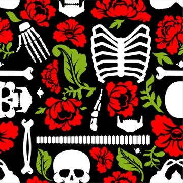 Bones and flowers pattern seamless. Skeleton Skull and roses background. Deat Stock Illustration