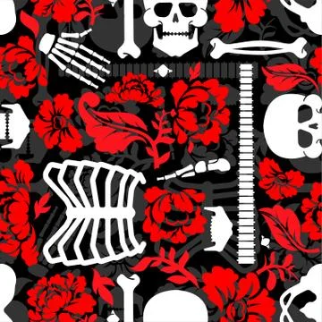 Bones and flowers pattern seamless. Skeleton Skull and roses background. Deat Illustrazione stock