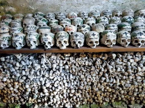 Bones in the Ossuary in Hallstatt Stock Photos