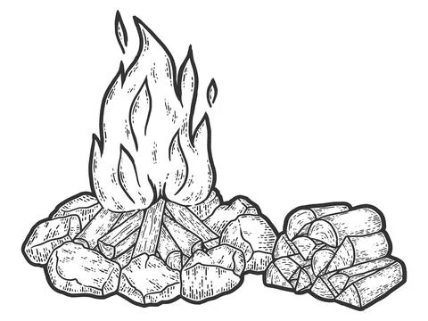 Bonfire and logs. Engraving vector illustration. Sketch scratch Stock Illustration
