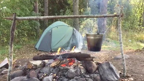Bonfire and tent Stock Footage 97858575