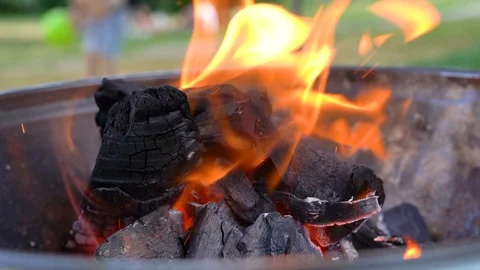 Bonfire for bbq with fire and coal. Green background with playing kids. Stock Footage 111582108