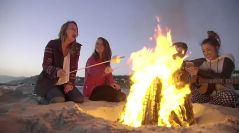 Bonfire on the beach with friends Stock Footage 53256815