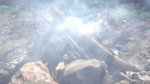 Bonfire from branches with fire and smoke in 4K Stock Footage 153593228