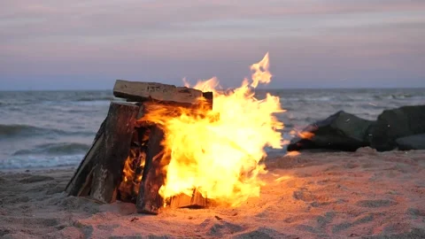 A bonfire is burning on the beach Stock Footage 139208489