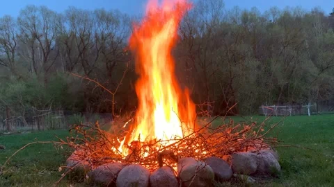 Bonfire burning brightly at dusk Vídeo Stock 296442649
