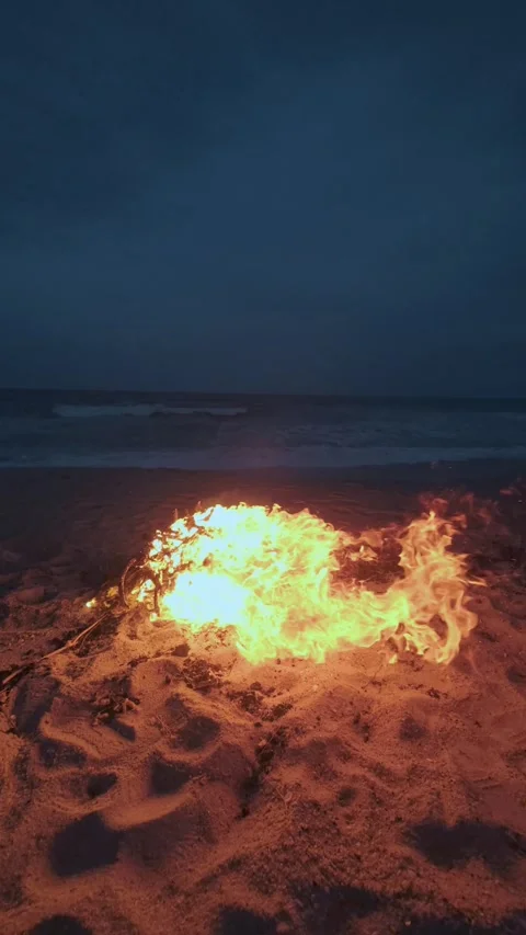 Bonfire Burning on a Dark Sandy Beach at Twilight near the Ocean Vidéo 331280986