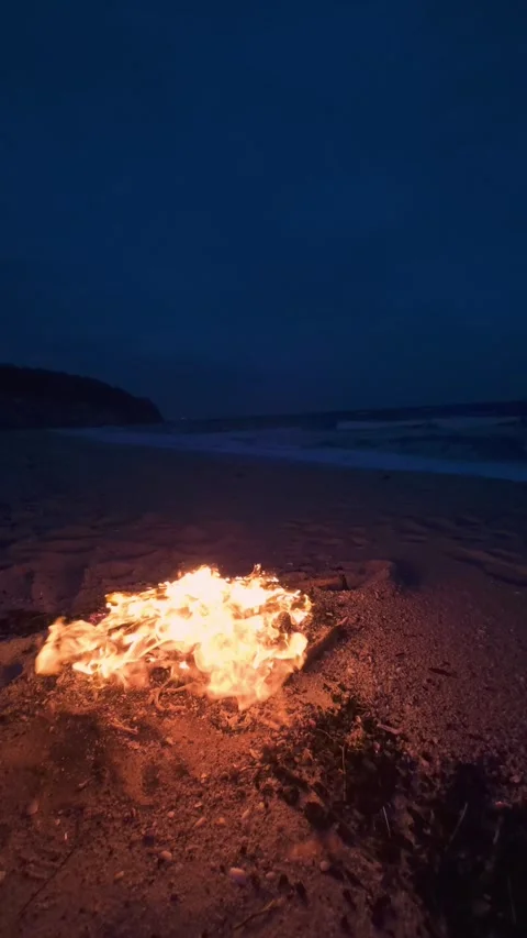 Bonfire Burning on a Dark Sandy Beach at Twilight near the Ocean 库存影片 331281102
