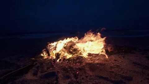 Bonfire Burning on a Dark Sandy Beach at Twilight near the Ocean Video stock 331533863